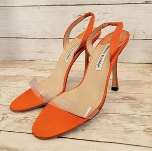 Manolo Blahnik orange satin slingback heels with clear toe strap